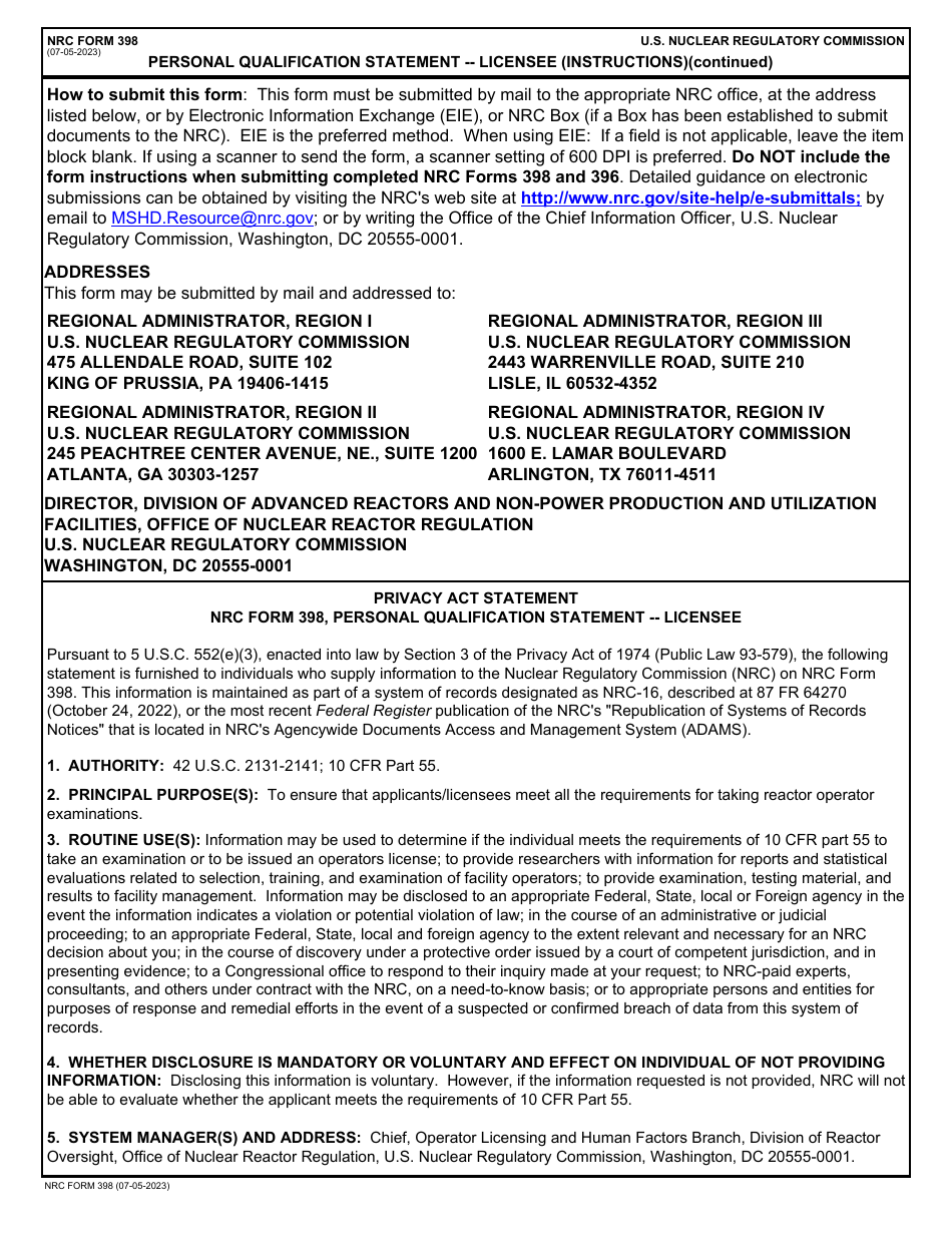 NRC Form 398 Personal Qualification Statement - Licensee, Page 6