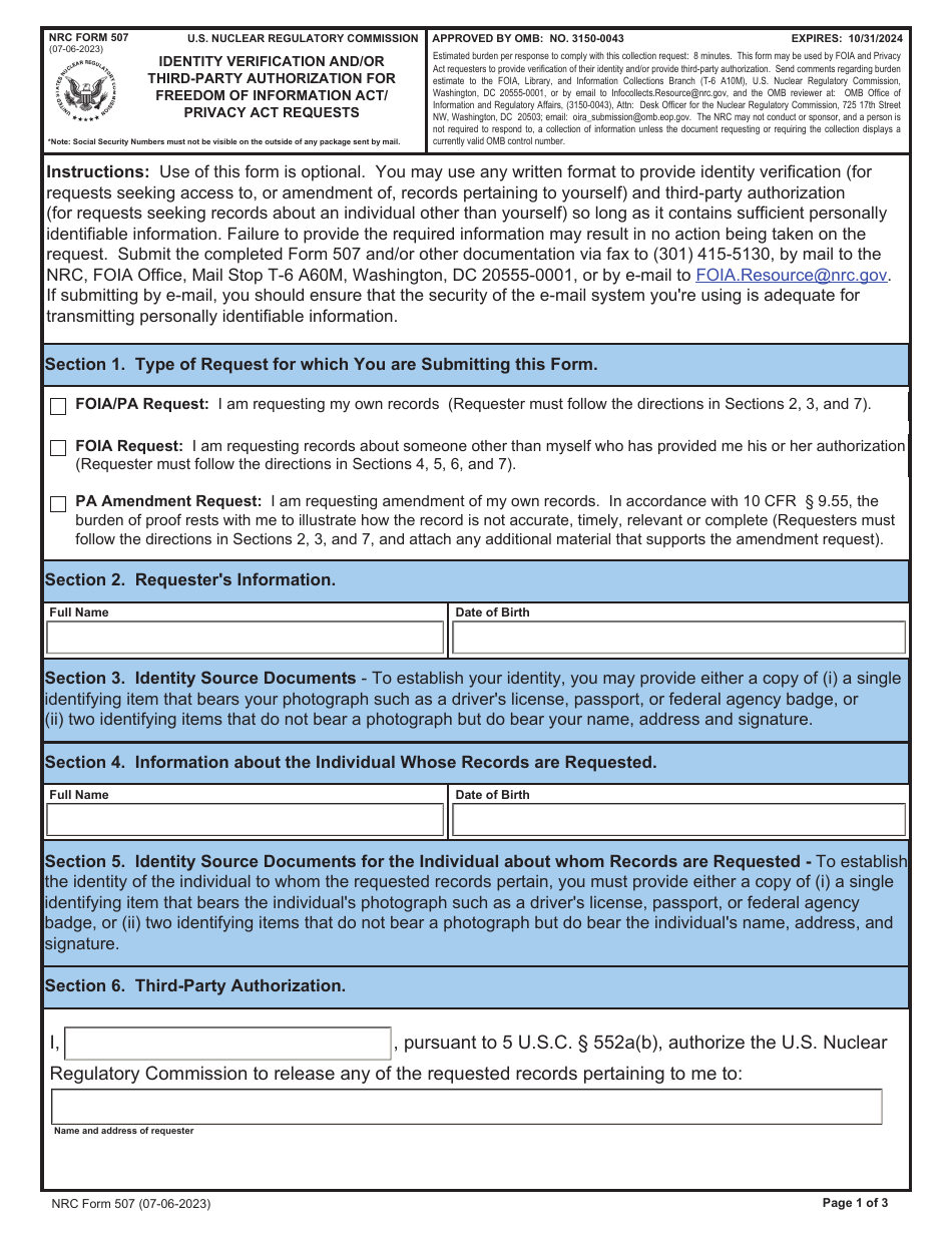 NRC Form 507 Download Fillable PDF or Fill Online Identity Verification