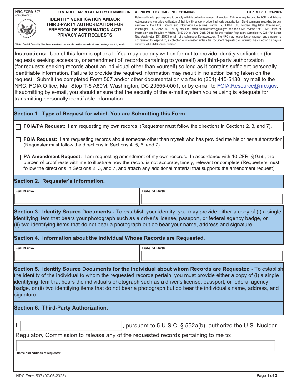 NRC Form 507 Identity Verification and / or Third-Party Authorization for Freedom of Information Act / Privacy Act Requests, Page 1