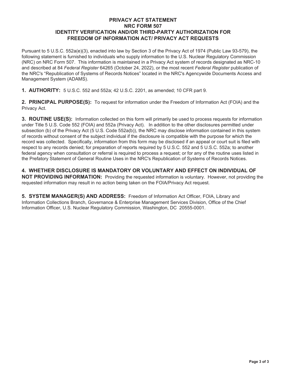 NRC Form 507 Identity Verification and / or Third-Party Authorization for Freedom of Information Act / Privacy Act Requests, Page 3