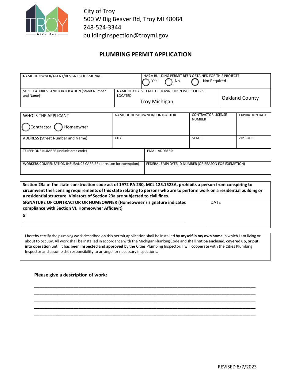 Plumbing Permit Application - City of Troy, Michigan, Page 1