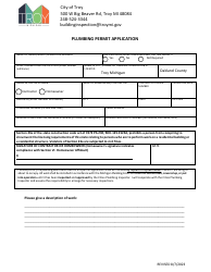Document preview: Plumbing Permit Application - City of Troy, Michigan