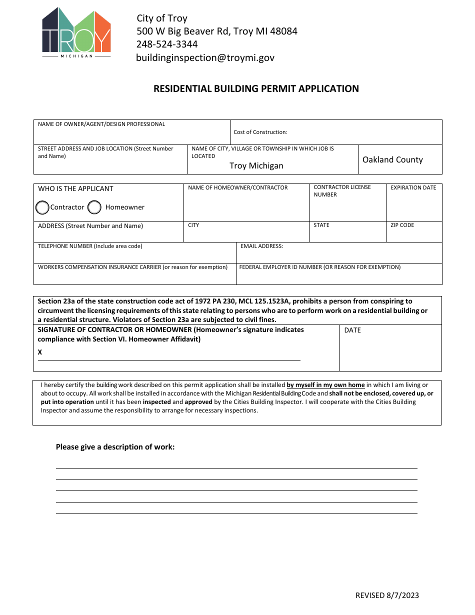Residential Building Permit Application - City of Troy, Michigan, Page 1