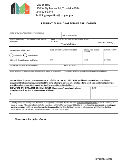Residential Building Permit Application - City of Troy, Michigan