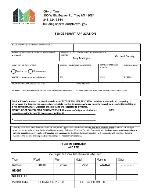 Fence Permit Application - City of Troy, Michigan Download Pdf