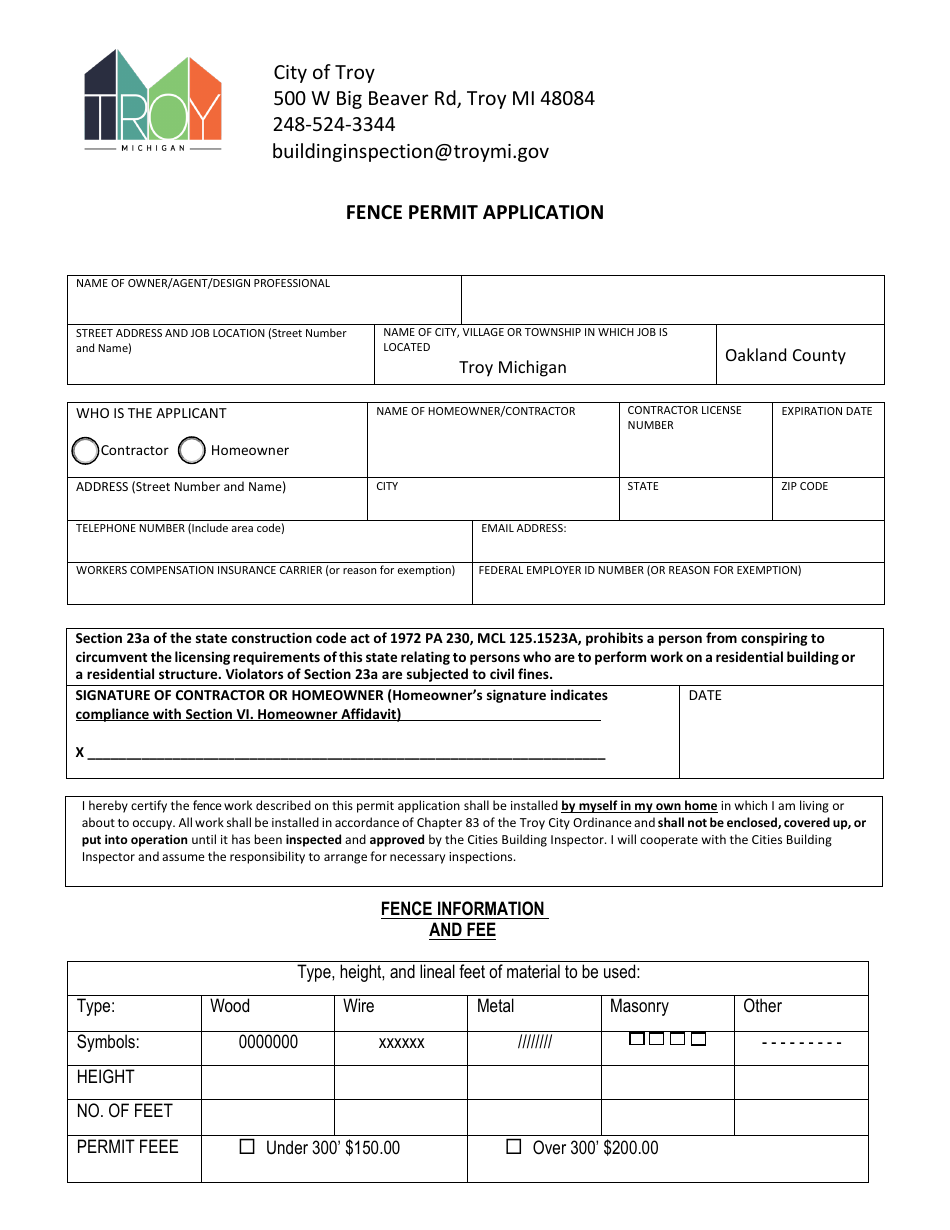 Fence Permit Application - City of Troy, Michigan, Page 1