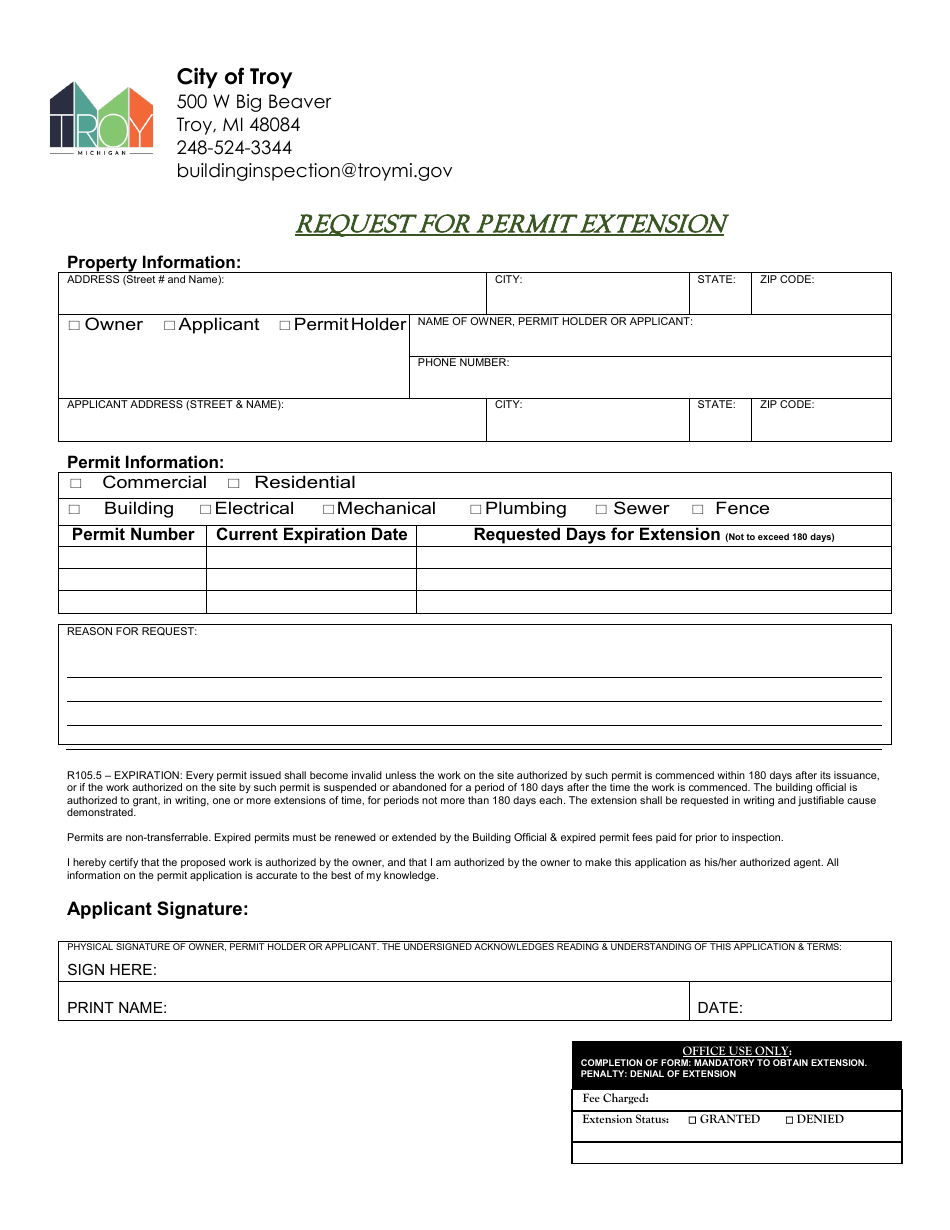 Request for Permit Extension - City of Troy, Michigan, Page 1