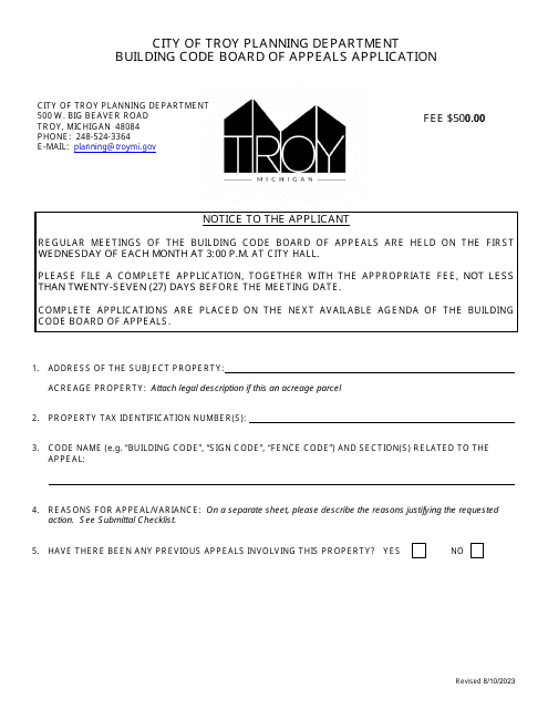 Building Code Board of Appeals Application - City of Troy, Michigan Download Pdf