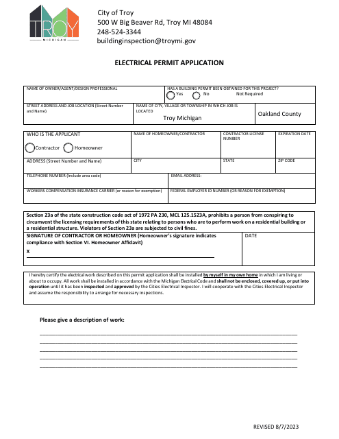 Electrical Permit Application - City of Troy, Michigan Download Pdf