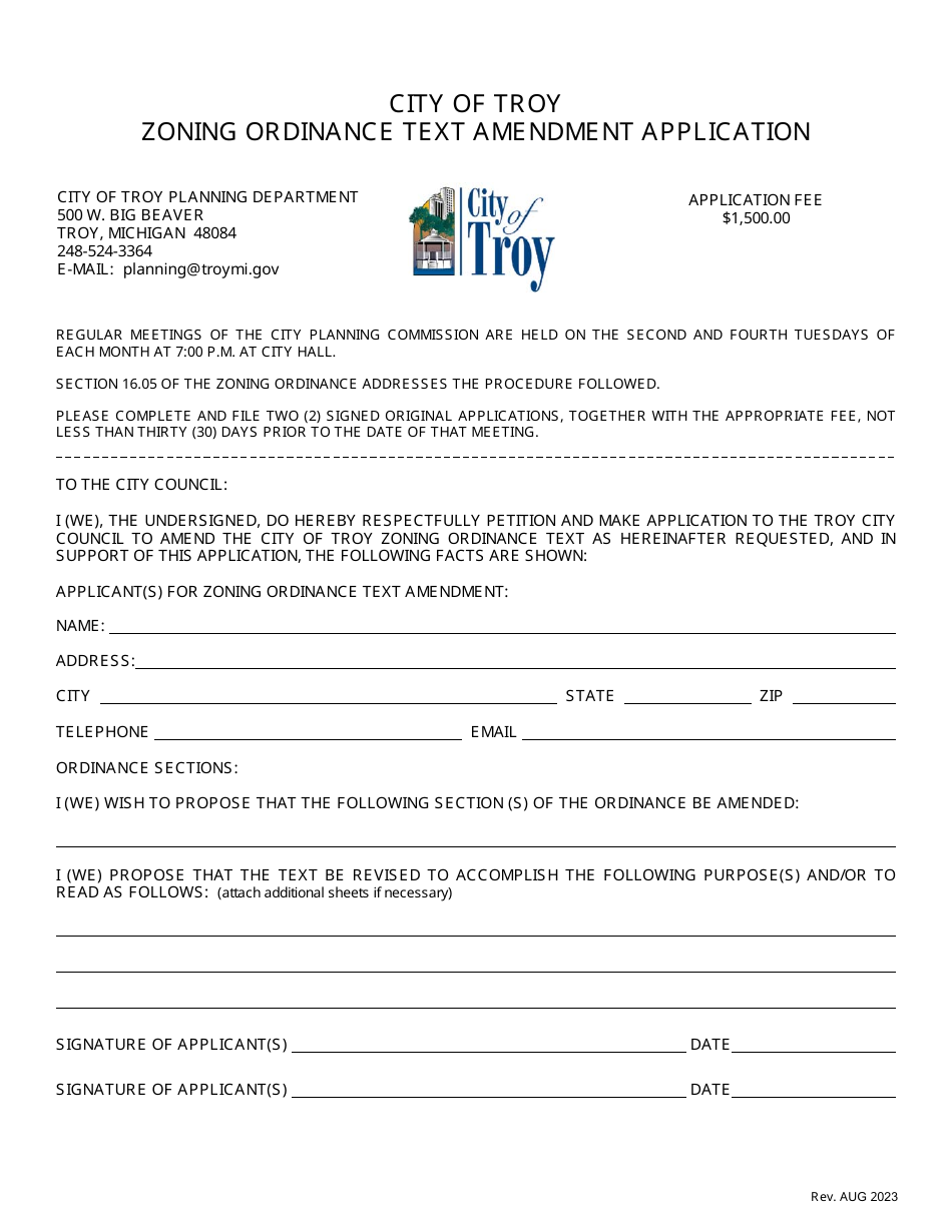 City of Troy, Michigan Zoning Ordinance Text Amendment Application