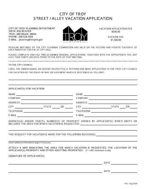 Street / Alley Vacation Application - City of Troy, Michigan Download Pdf