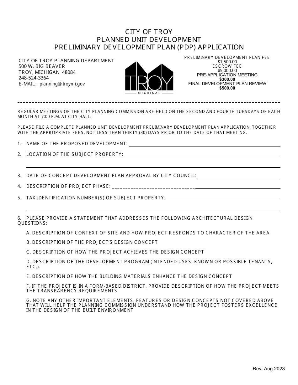 City of Troy, Michigan Planned Unit Development Preliminary Development