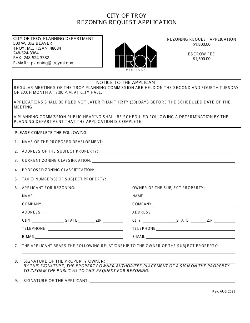Rezoning Request Application - City of Troy, Michigan, Page 1