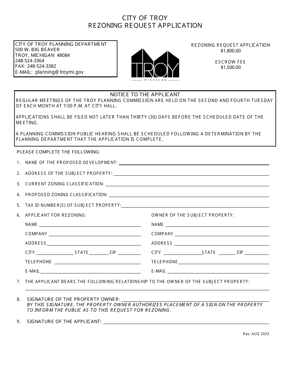 City of Troy, Michigan Rezoning Request Application Download Printable