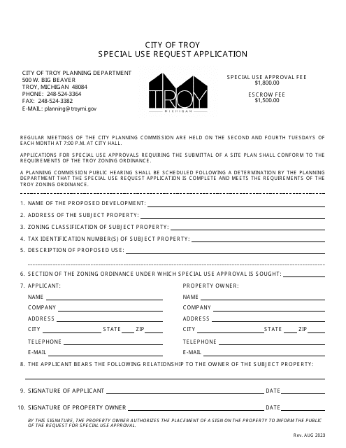Special Use Request Application - City of Troy, Michigan Download Pdf