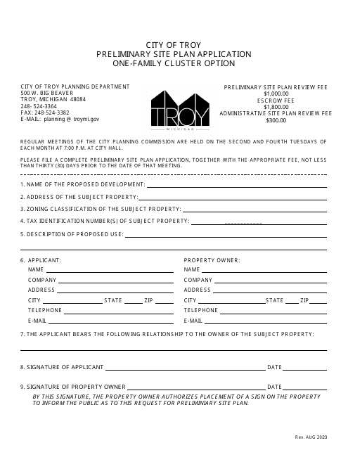 Preliminary Site Plan Application - One-Family Cluster Option - City of Troy, Michigan Download Pdf