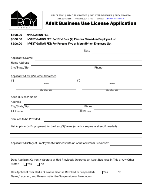 Adult Business Use License Application - City of Troy, Michigan Download Pdf