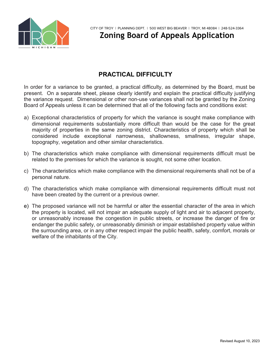 Zoning Board of Appeals Application - City of Troy, Michigan, Page 3