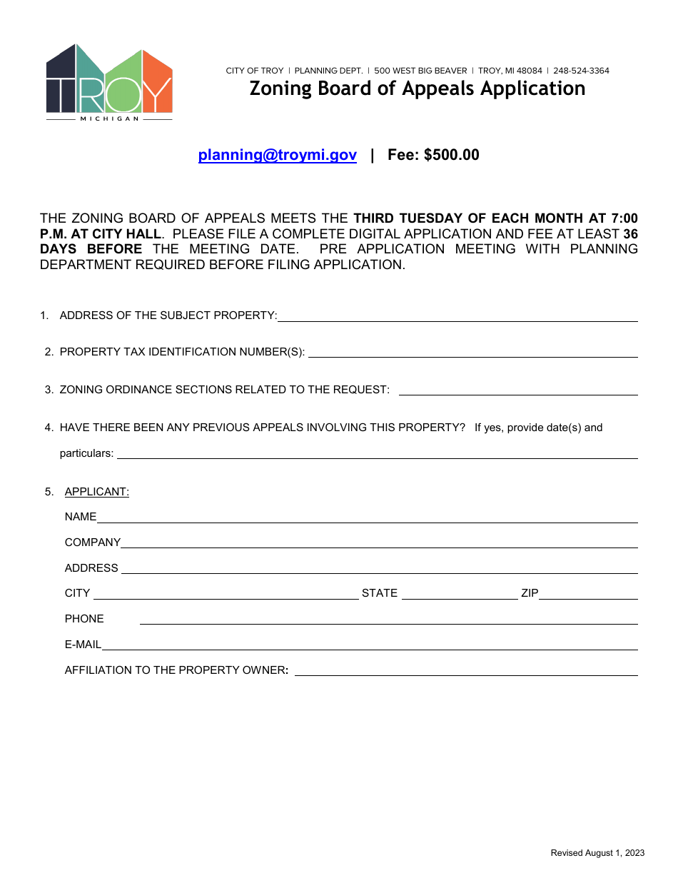 City of Troy, Michigan Zoning Board of Appeals Application Download