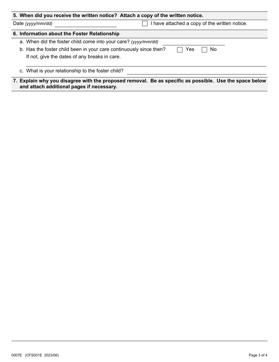 Form 1 (0007E; CFS001E) Application About the Proposed Removal of a Child From a Foster Home - Ontario, Canada, Page 3