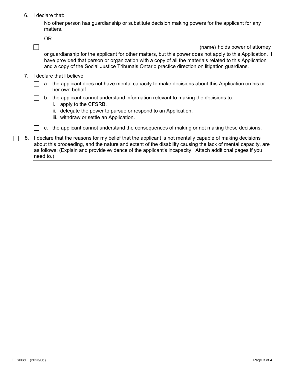 Form 8 (CFS008E) Litigation Guardian - Mental Incapacity - Ontario, Canada, Page 3