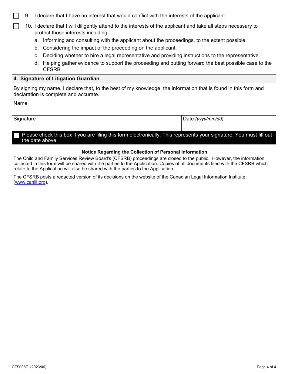 Form 8 (CFS008E) Litigation Guardian - Mental Incapacity - Ontario, Canada, Page 4