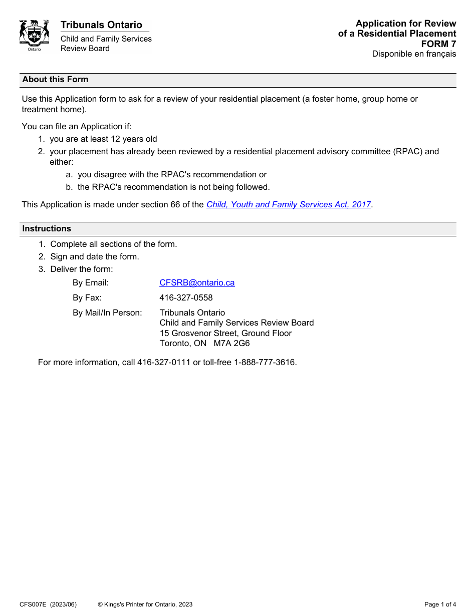 Form 7 (CFS007E) Application for Review of a Residential Placement - Ontario, Canada, Page 1