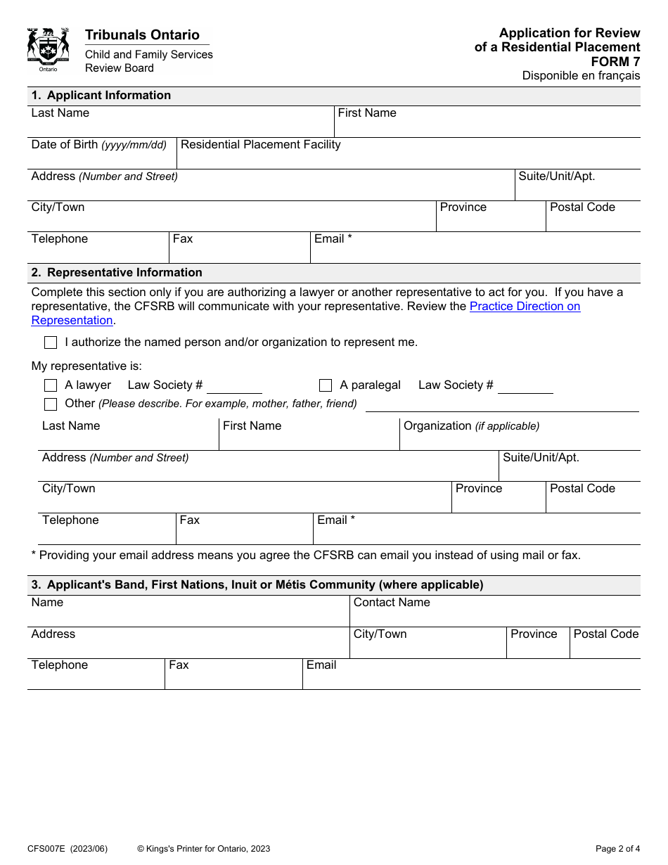 Form 7 (CFS007E) Application for Review of a Residential Placement - Ontario, Canada, Page 2