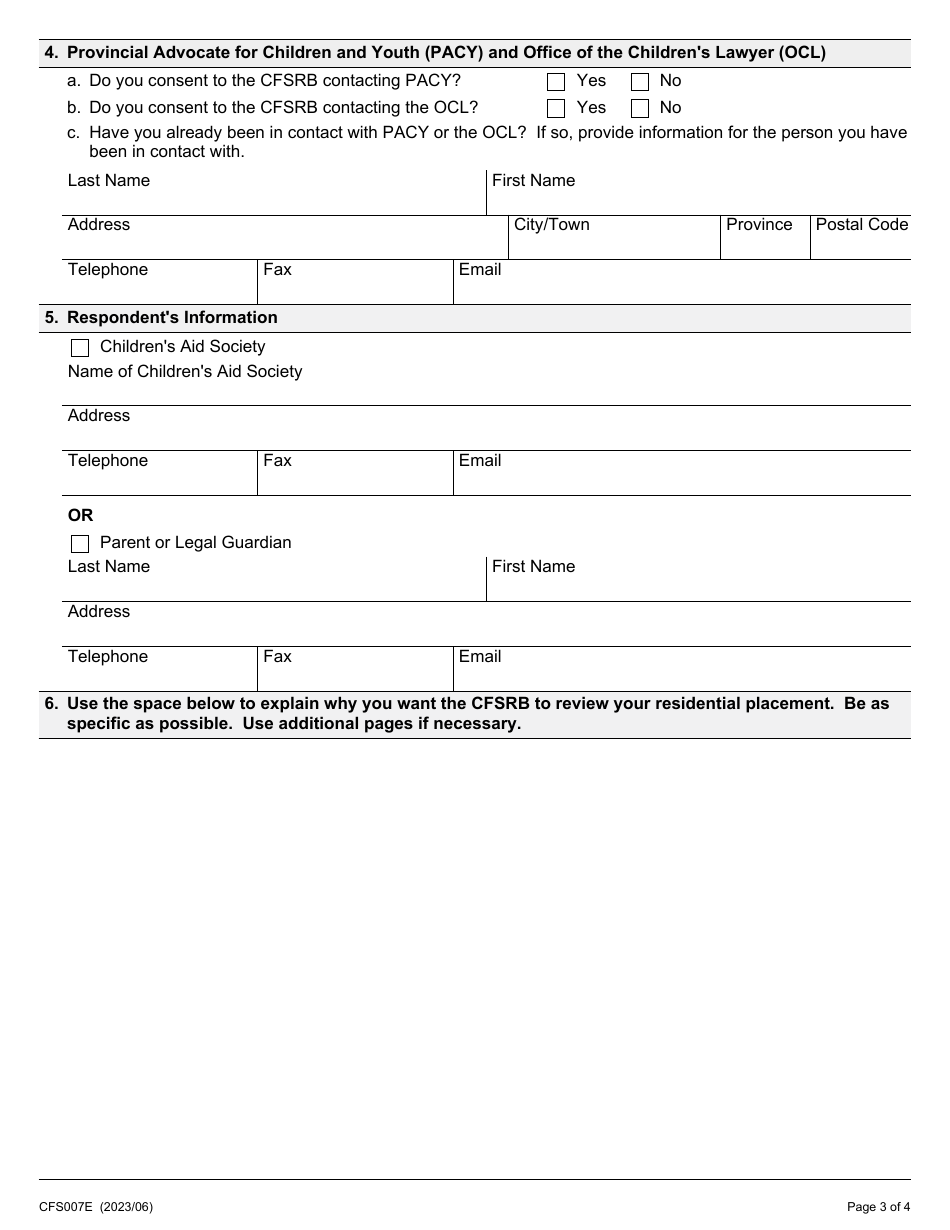 Form 7 (CFS007E) Application for Review of a Residential Placement - Ontario, Canada, Page 3
