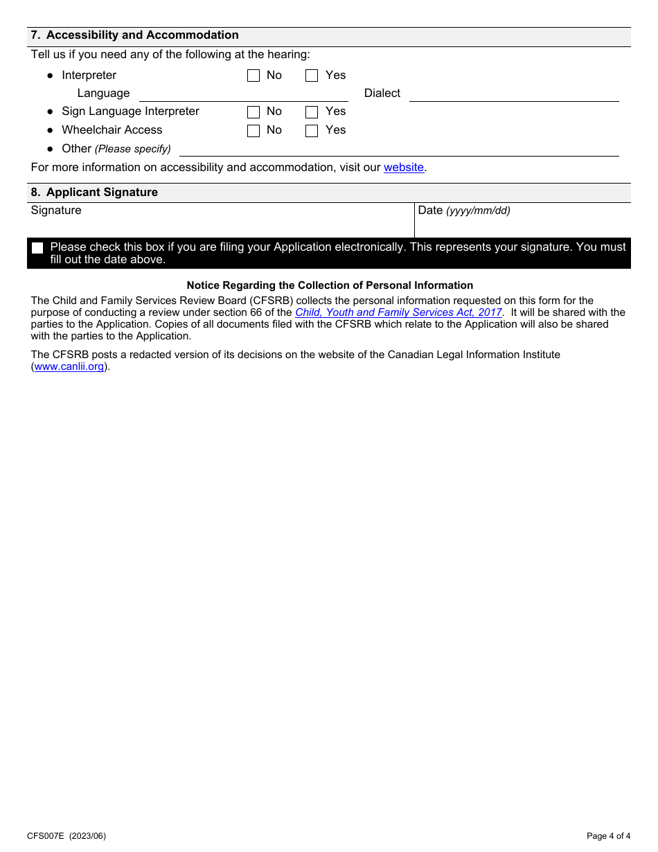 Form 7 (CFS007E) Application for Review of a Residential Placement - Ontario, Canada, Page 4