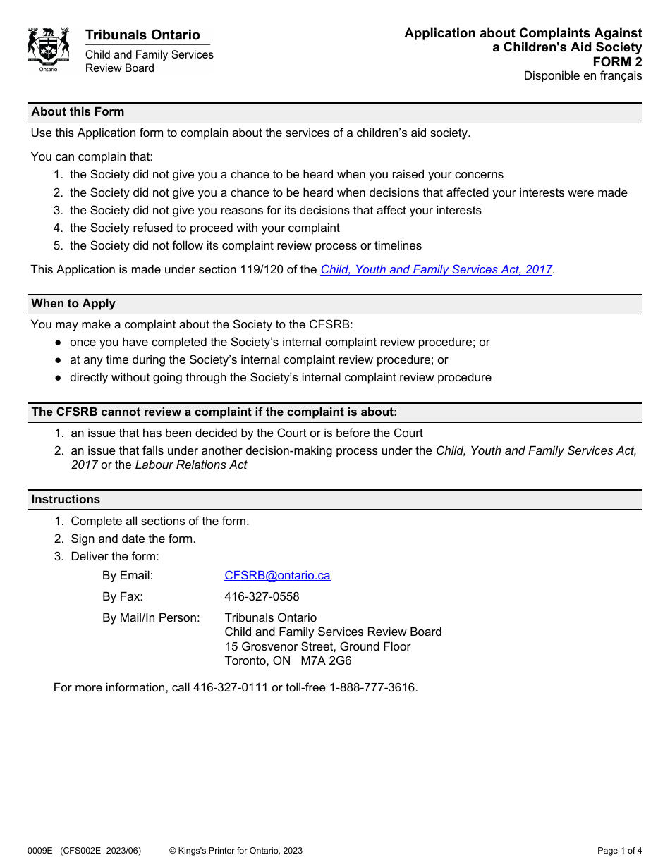 Form 2 (CFS009E; CFS002E) Application About Complaints Against a Childrens Aid Society - Ontario, Canada, Page 1