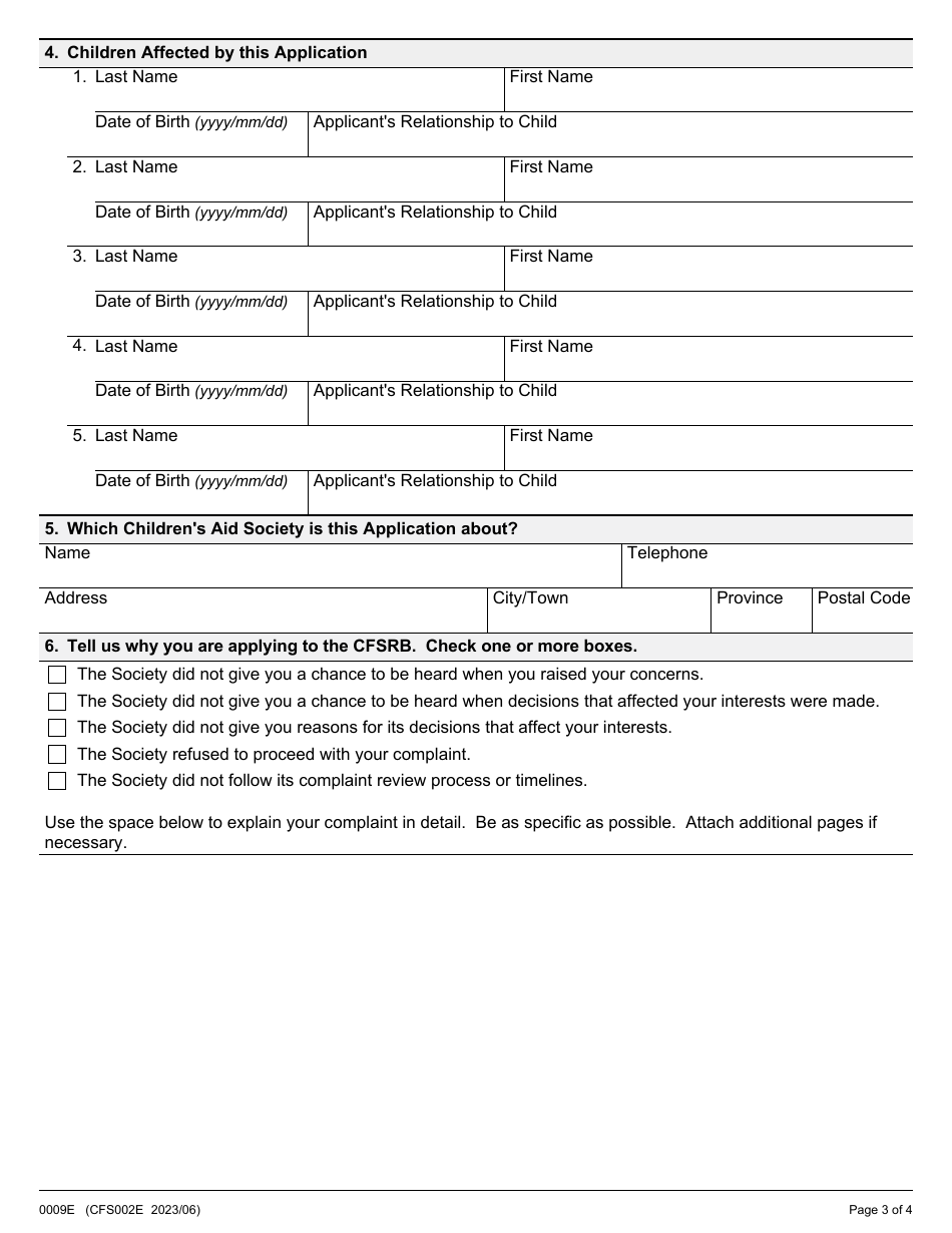 Form 2 (CFS009E; CFS002E) Application About Complaints Against a Childrens Aid Society - Ontario, Canada, Page 3