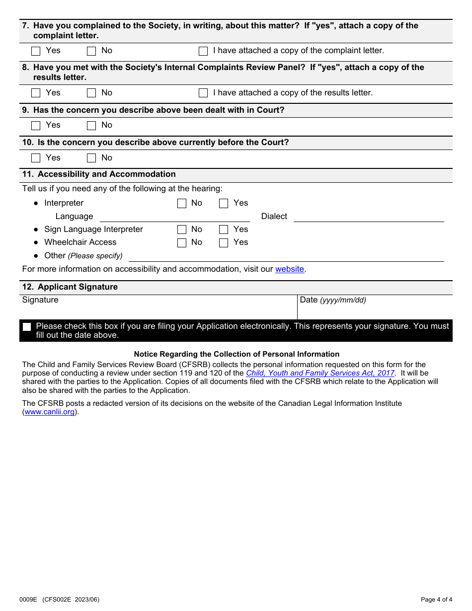 Form 2 (CFS009E; CFS002E) Application About Complaints Against a Childrens Aid Society - Ontario, Canada, Page 4