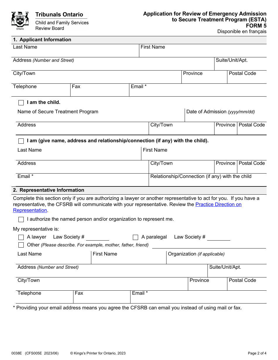Form 5 (0038E; CFS005E) Application for Review of Emergency Admission to Secure Treatment Program (Esta) - Ontario, Canada, Page 2