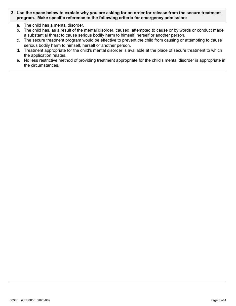Form 5 (0038E; CFS005E) Application for Review of Emergency Admission to Secure Treatment Program (Esta) - Ontario, Canada, Page 3