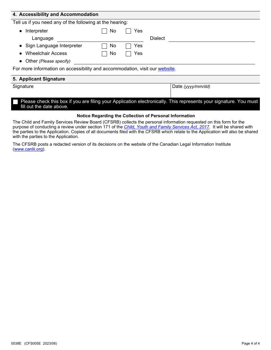 Form 5 (0038E; CFS005E) Application for Review of Emergency Admission to Secure Treatment Program (Esta) - Ontario, Canada, Page 4