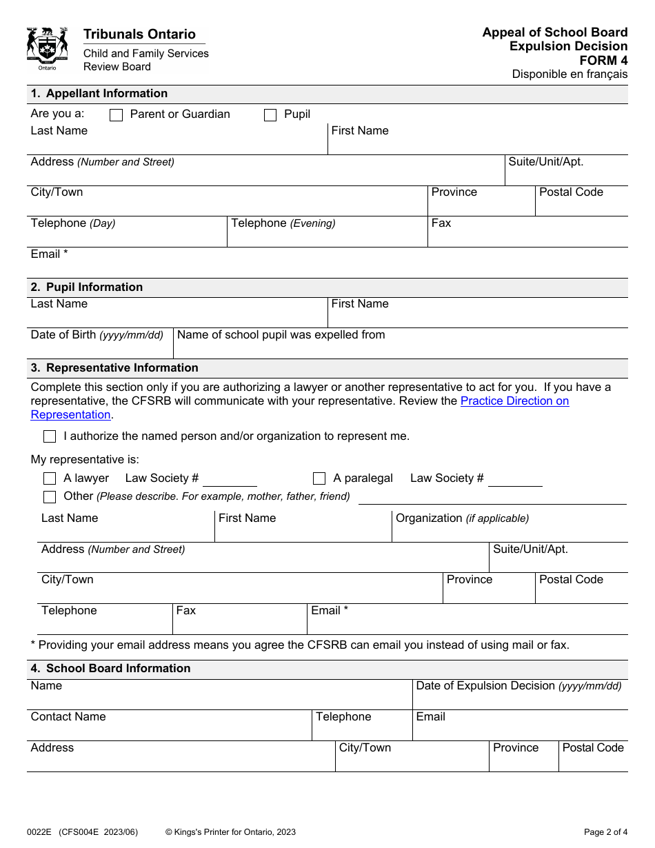 Form 4 (0022E; CFS004E) Appeal of School Board Expulsion Decision - Ontario, Canada, Page 2