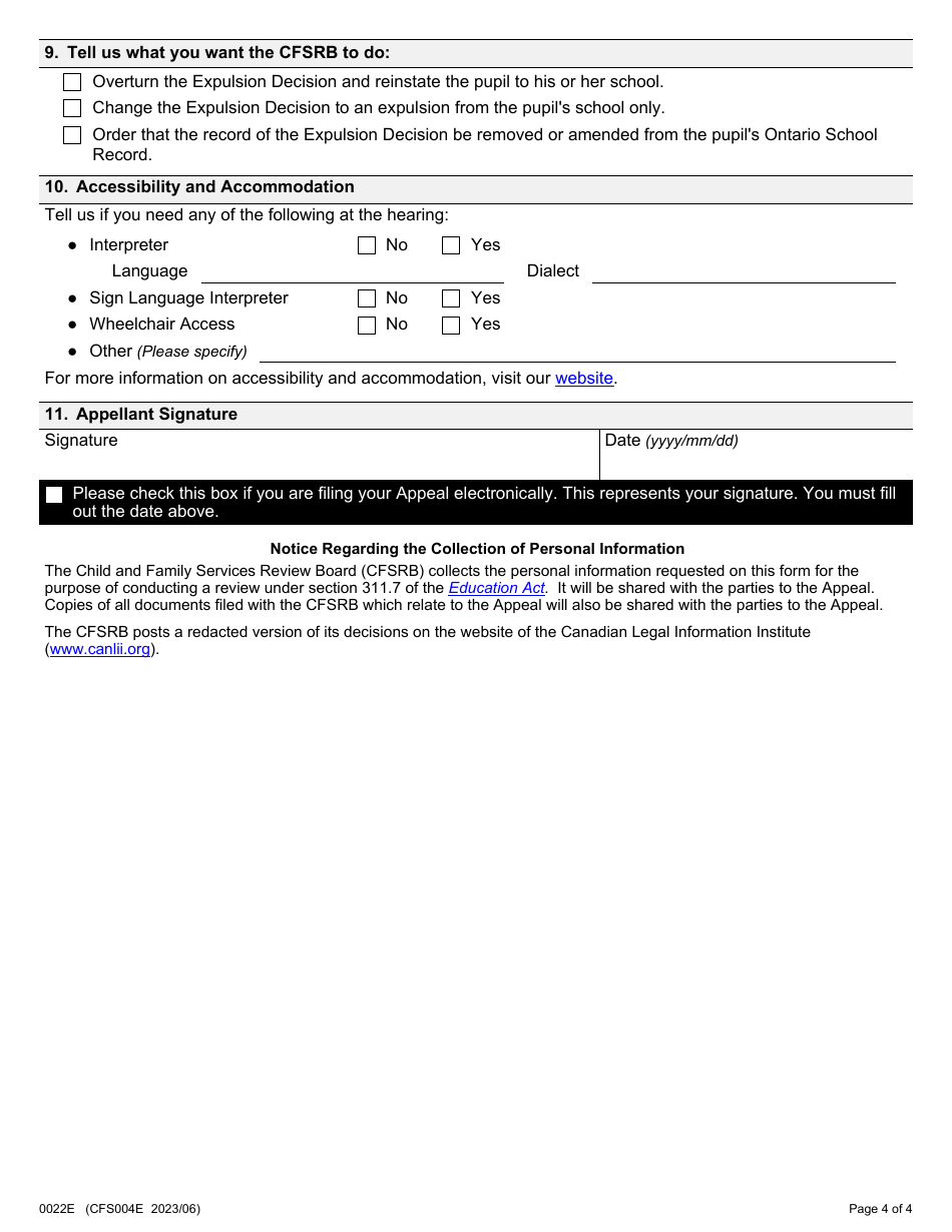 Form 4 (0022E; CFS004E) Appeal of School Board Expulsion Decision - Ontario, Canada, Page 4