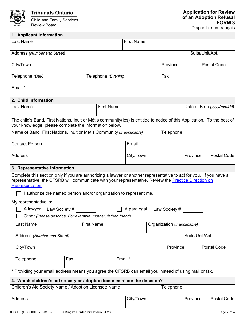 Form 3 (0008E; CFS003E) Application for Review of an Adoption Refusal - Ontario, Canada, Page 2