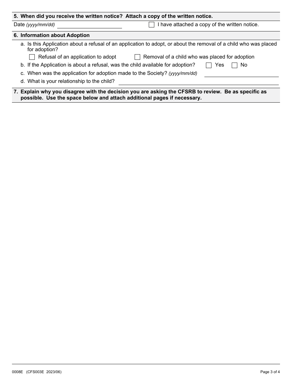 Form 3 (0008E; CFS003E) Application for Review of an Adoption Refusal - Ontario, Canada, Page 3