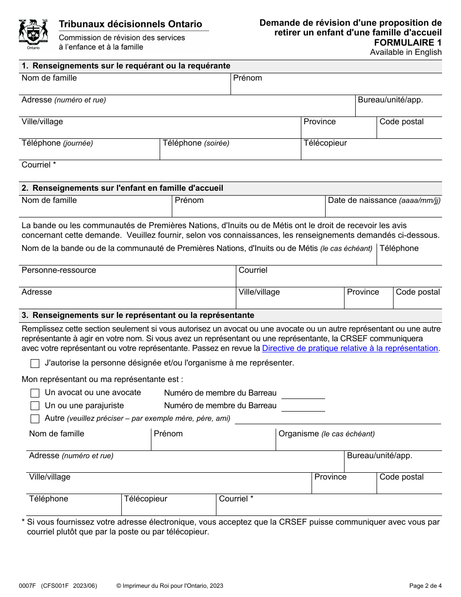 Forme 1 (0007F; CFS001F) Demande De Revision Dune Proposition De Retirer Un Enfant Dune Famille Daccueil - Ontario, Canada (French), Page 2