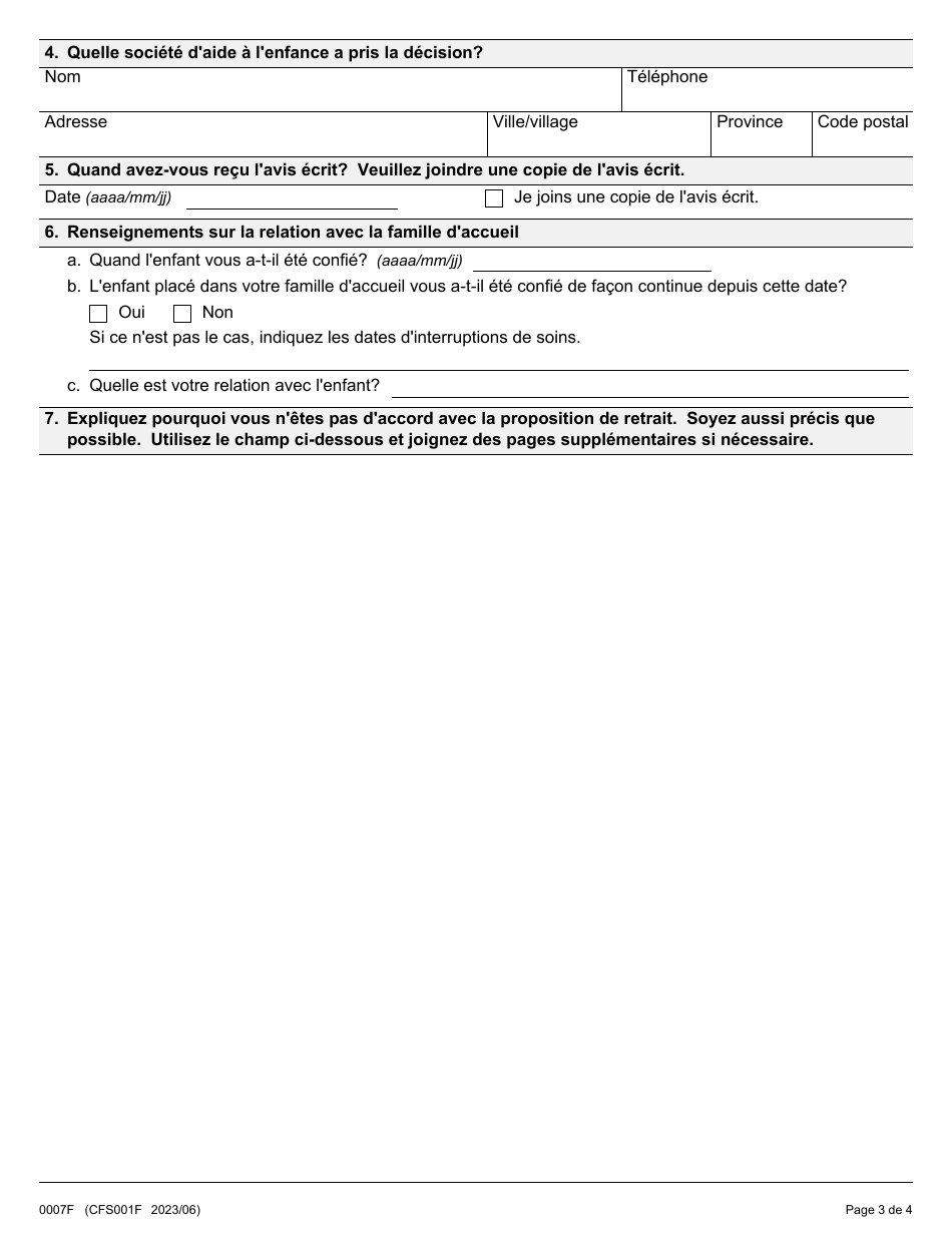 Forme 1 (0007F; CFS001F) Demande De Revision Dune Proposition De Retirer Un Enfant Dune Famille Daccueil - Ontario, Canada (French), Page 3