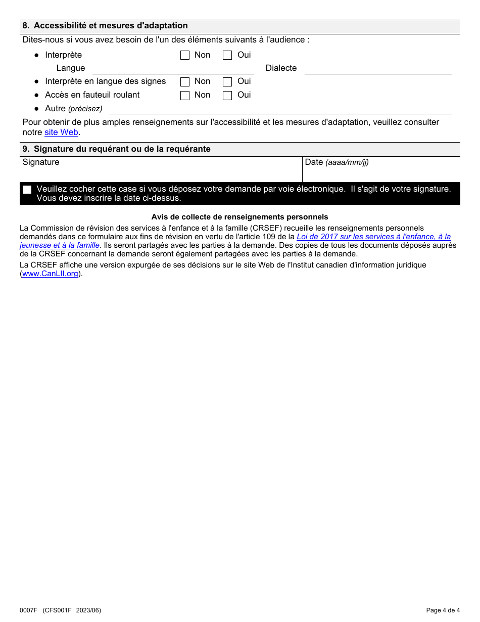 Forme 1 (0007F; CFS001F) Demande De Revision Dune Proposition De Retirer Un Enfant Dune Famille Daccueil - Ontario, Canada (French), Page 4