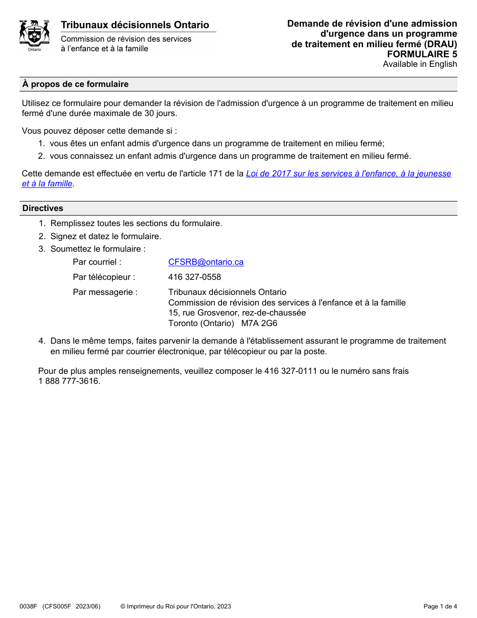 Forme 5 (0038F; CFS005F) Demande De Revision Dune Admission Durgence Dans Un Programme De Traitement En Milieu Ferme (Drau) - Ontario, Canada (French), Page 1