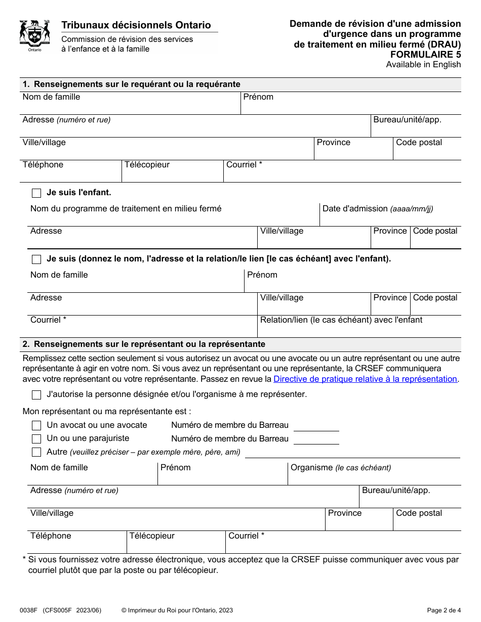 Forme 5 (0038F; CFS005F) Demande De Revision Dune Admission Durgence Dans Un Programme De Traitement En Milieu Ferme (Drau) - Ontario, Canada (French), Page 2