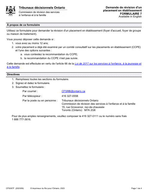 Forme 7 (CFS007F) Demande De Revision D'un Placement En Etablissement - Ontario, Canada (French)