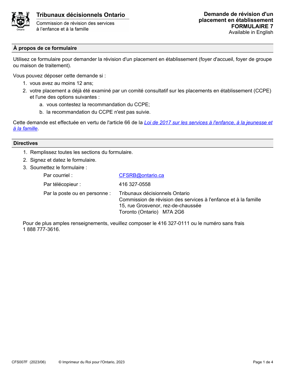 Forme 7 (CFS007F) Demande De Revision Dun Placement En Etablissement - Ontario, Canada (French), Page 1