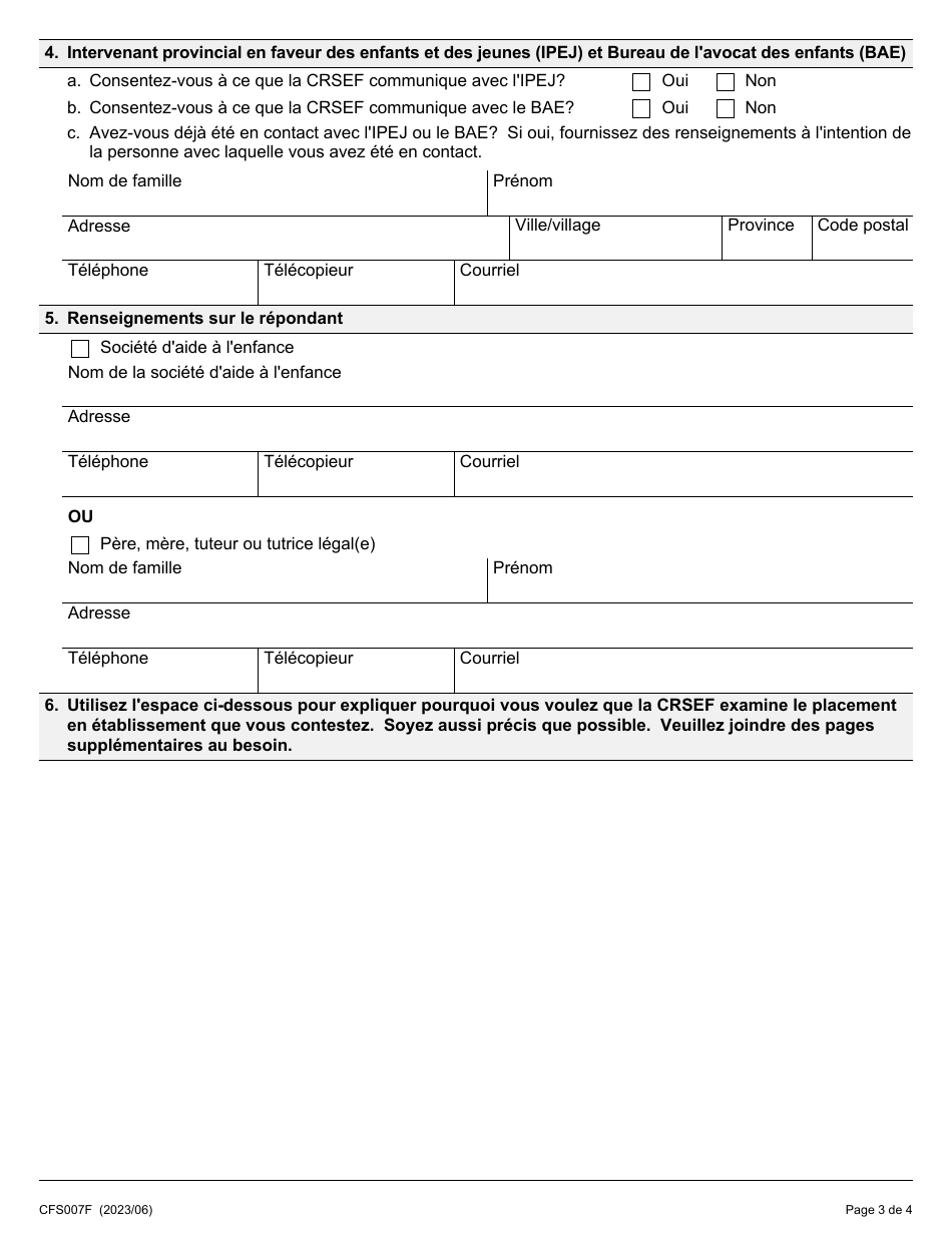 Forme 7 (CFS007F) Demande De Revision Dun Placement En Etablissement - Ontario, Canada (French), Page 3