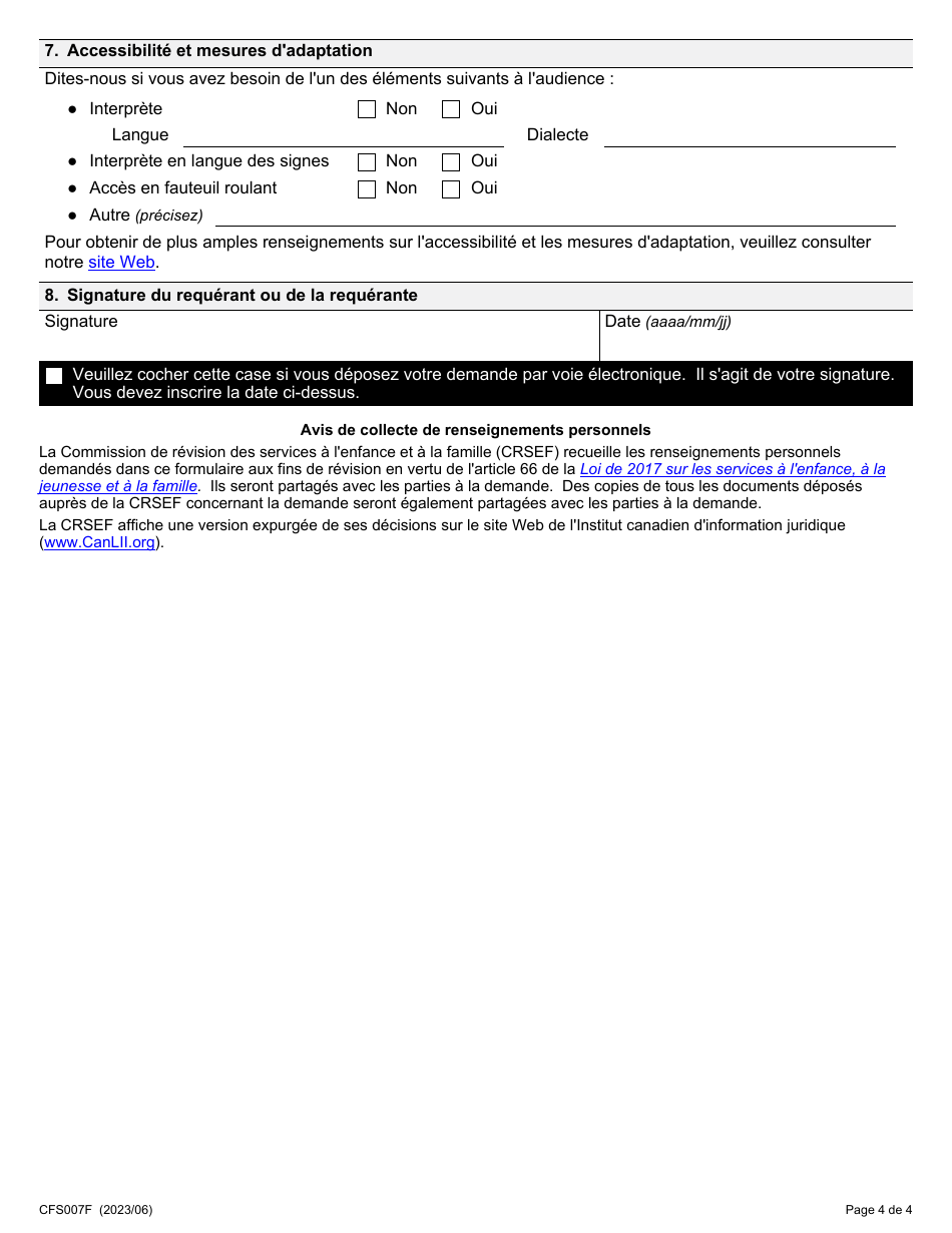 Forme 7 (CFS007F) Demande De Revision Dun Placement En Etablissement - Ontario, Canada (French), Page 4