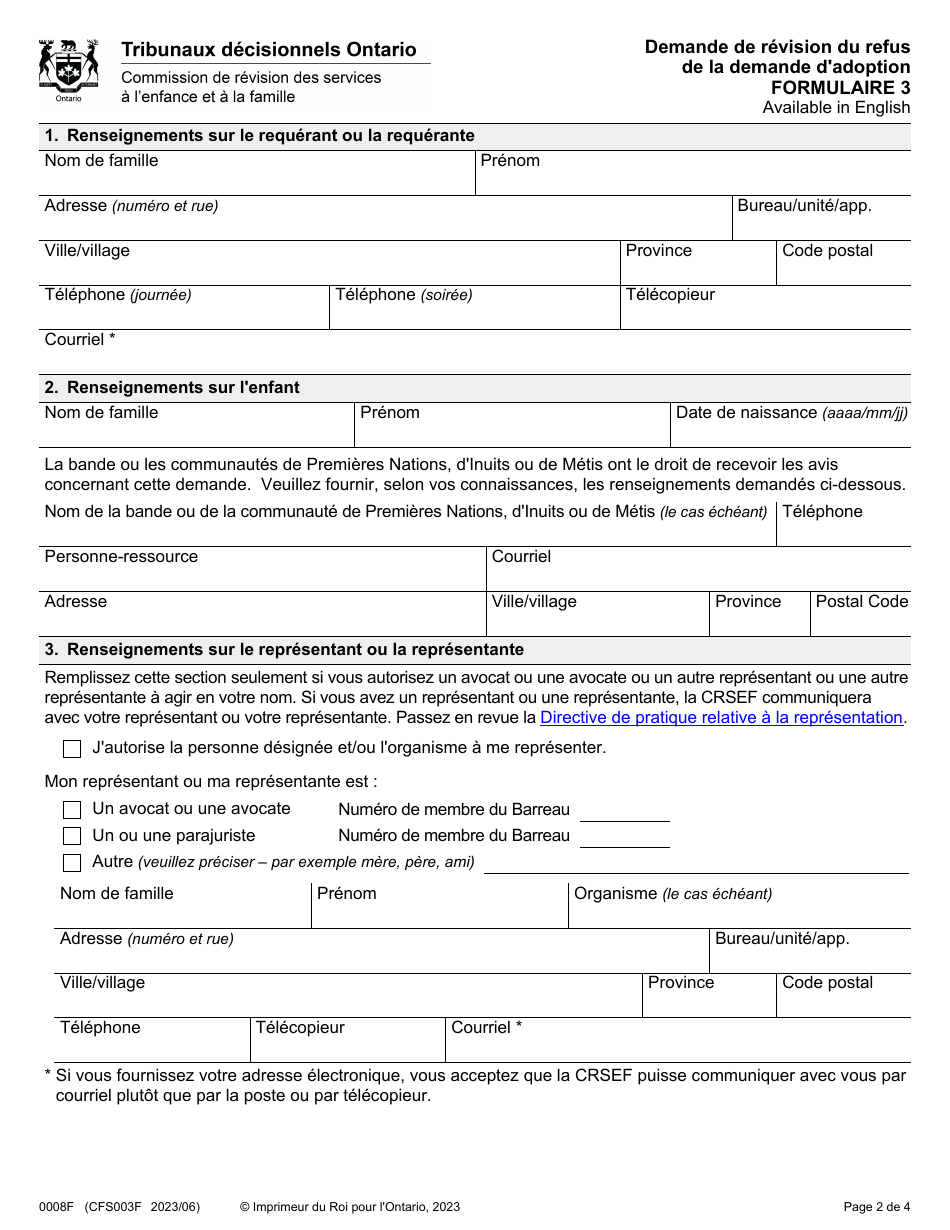 Forme 3 (0008F; CFS003F) Demande De Revision Du Refus De La Demande Dadoption - Ontario, Canada (French), Page 2